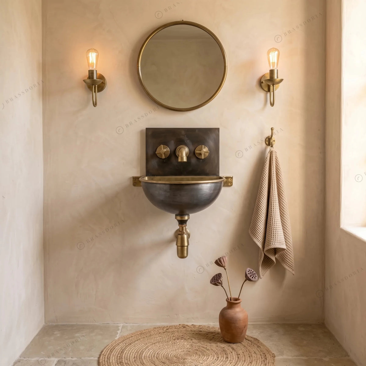 Handmade Aged Copper Wall-Mounted Basin Sink with Brass Rim – Vintage Wall Hung Sink - BRASSDORIA