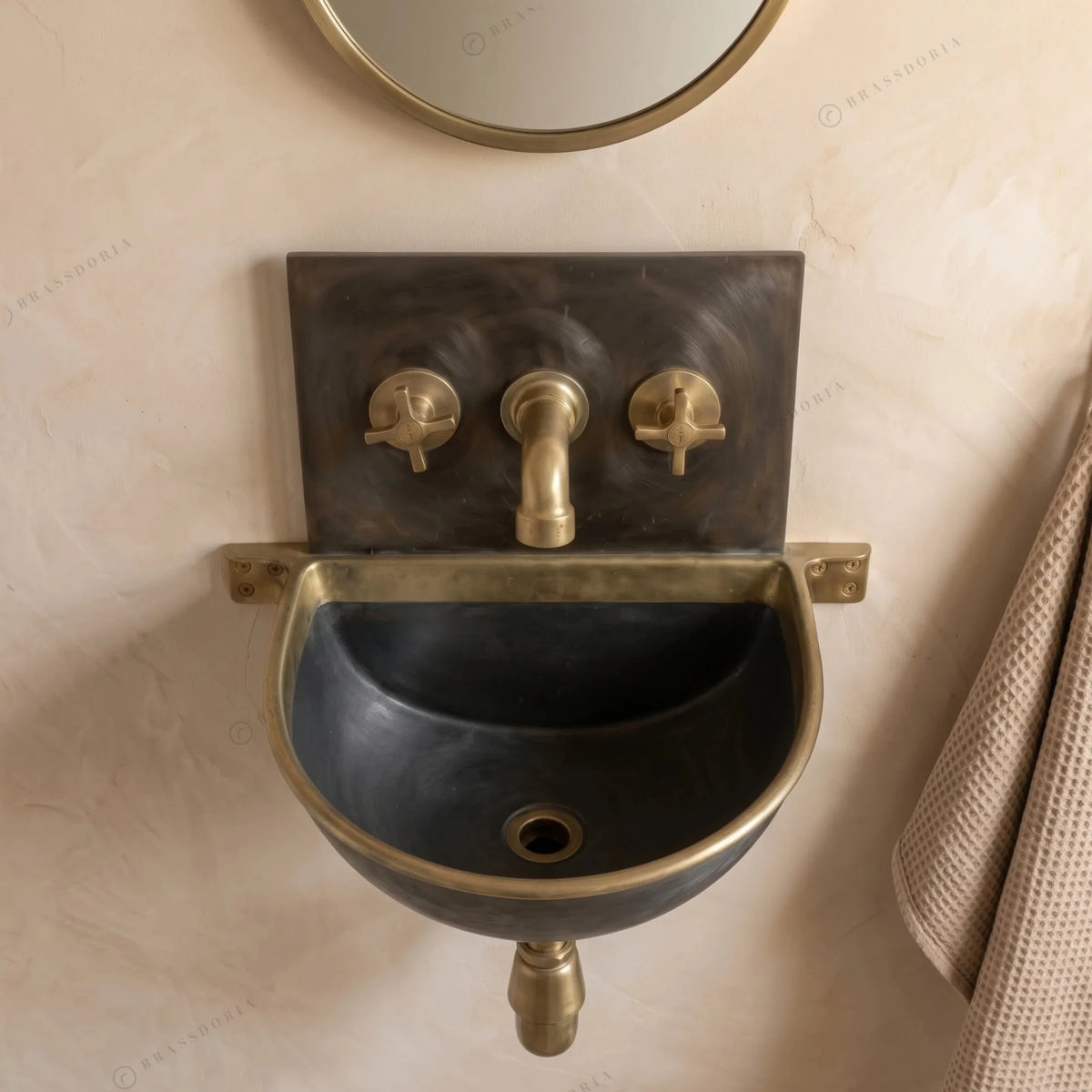 Handmade Aged Copper Wall-Mounted Basin Sink with Brass Rim – Vintage Wall Hung Sink - BRASSDORIA