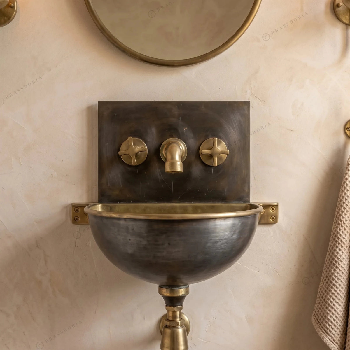 Handmade Aged Copper Wall-Mounted Basin Sink with Brass Rim – Vintage Wall Hung Sink - BRASSDORIA