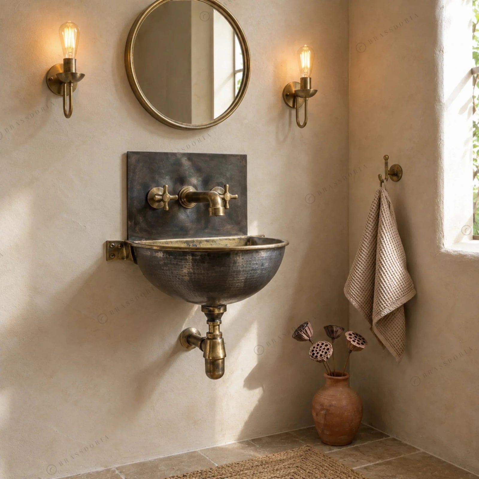 Handmade Aged Copper Wall-Mounted Basin Sink with Brass Rim – Vintage Wall Hung Sink - BRASSDORIA