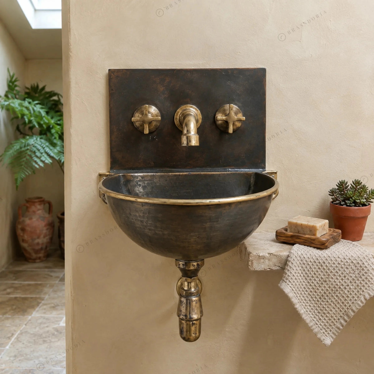 Handmade Aged Copper Wall-Mounted Basin Sink with Brass Rim – Vintage Wall Hung Sink - BRASSDORIA