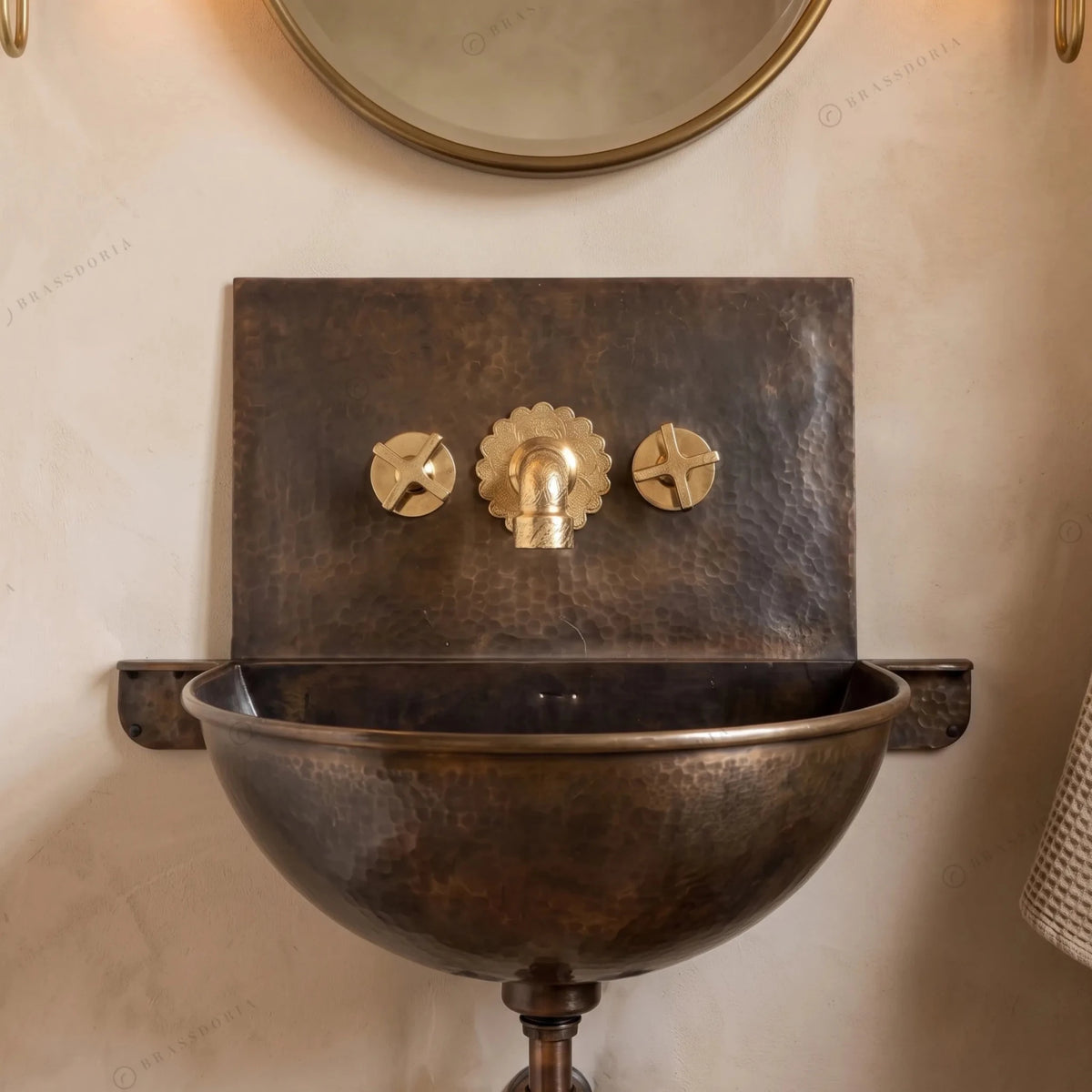 Handmade Aged Copper Wall-Mounted Basin Sink with Brass Rim – Vintage Wall Hung Sink - BRASSDORIA