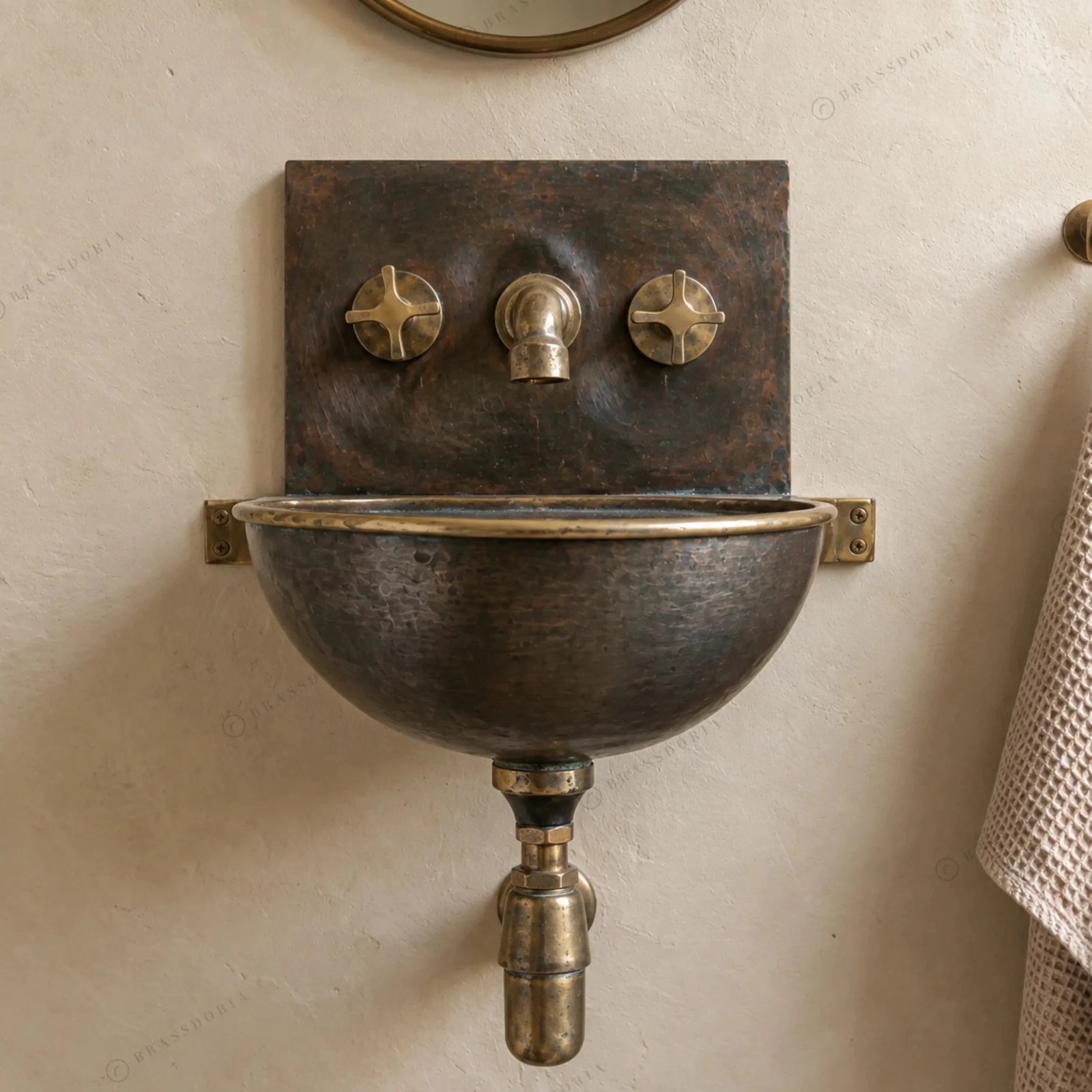 Handmade Aged Copper Wall-Mounted Basin Sink with Brass Rim – Vintage Wall Hung Sink - BRASSDORIA