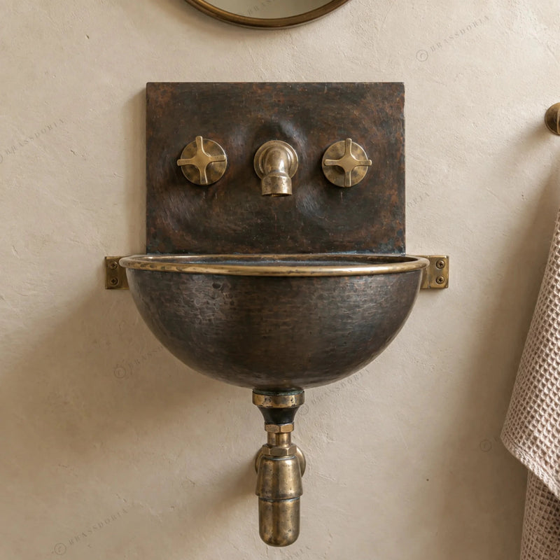 Handmade Aged Copper Wall-Mounted Basin Sink with Brass Rim – Vintage Wall Hung Sink - BRASSDORIA