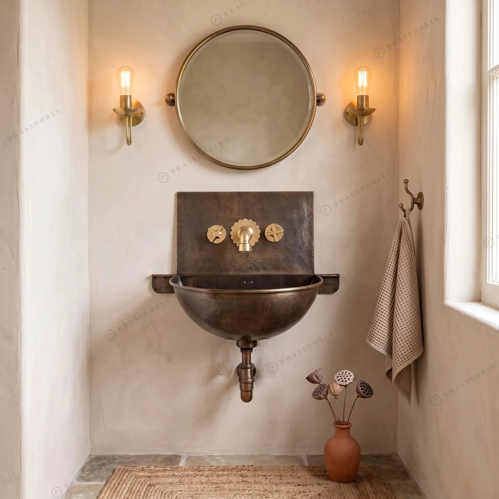 Handmade Aged Copper Wall-Mounted Basin Sink with Brass Rim – Vintage Wall Hung Sink - BRASSDORIA