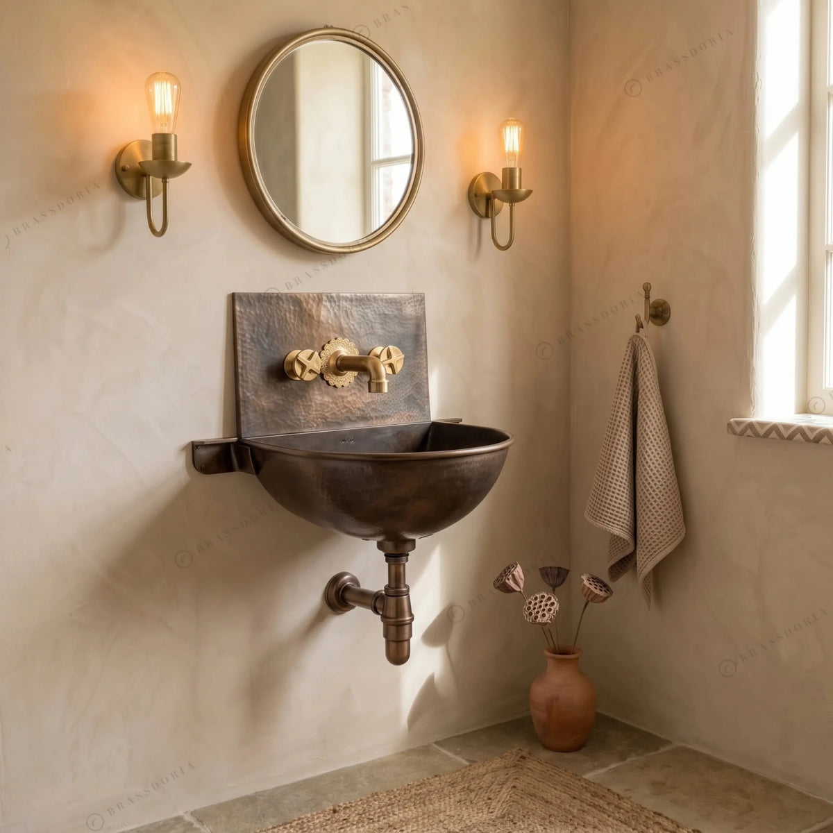 Handmade Aged Copper Wall-Mounted Basin Sink with Brass Rim – Vintage Wall Hung Sink - BRASSDORIA
