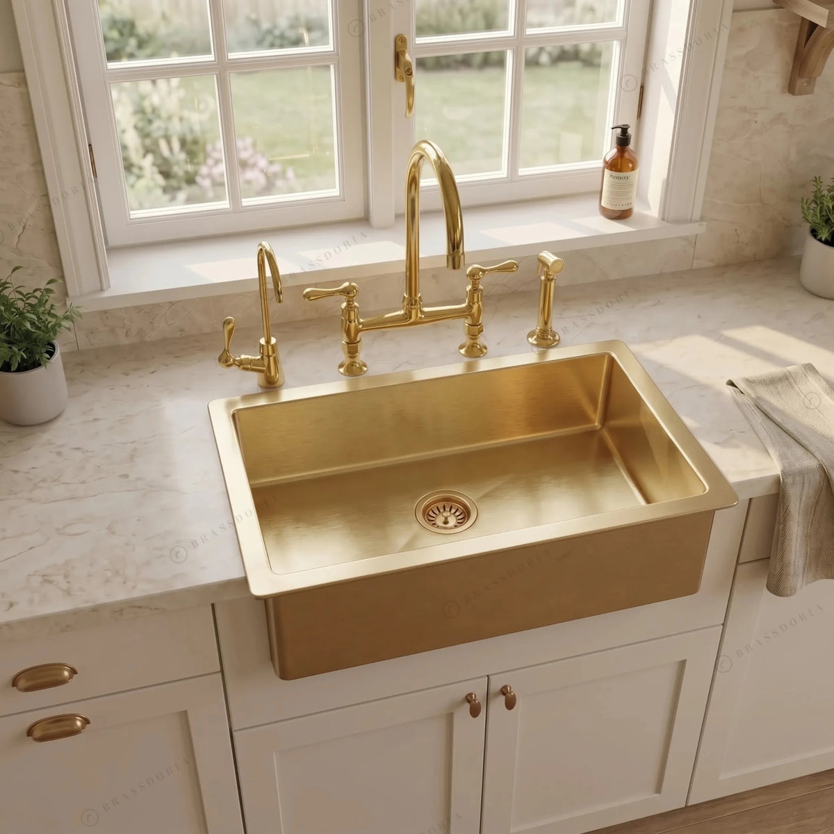 Handmade Unlacquered Brass Farmhouse Sink – Hammered Apron Front Single Bowl Basin - BRASSDORIA