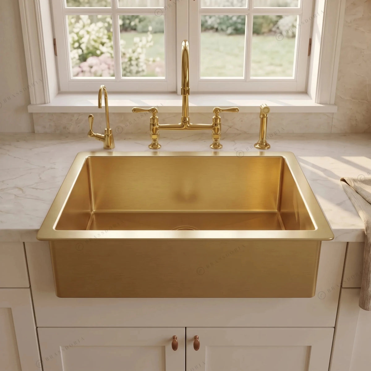 Handmade Unlacquered Brass Farmhouse Sink – Hammered Apron Front Single Bowl Basin - BRASSDORIA
