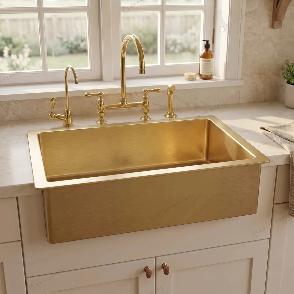 Handmade Unlacquered Brass Farmhouse Sink – Hammered Apron Front Single Bowl Basin - BRASSDORIA