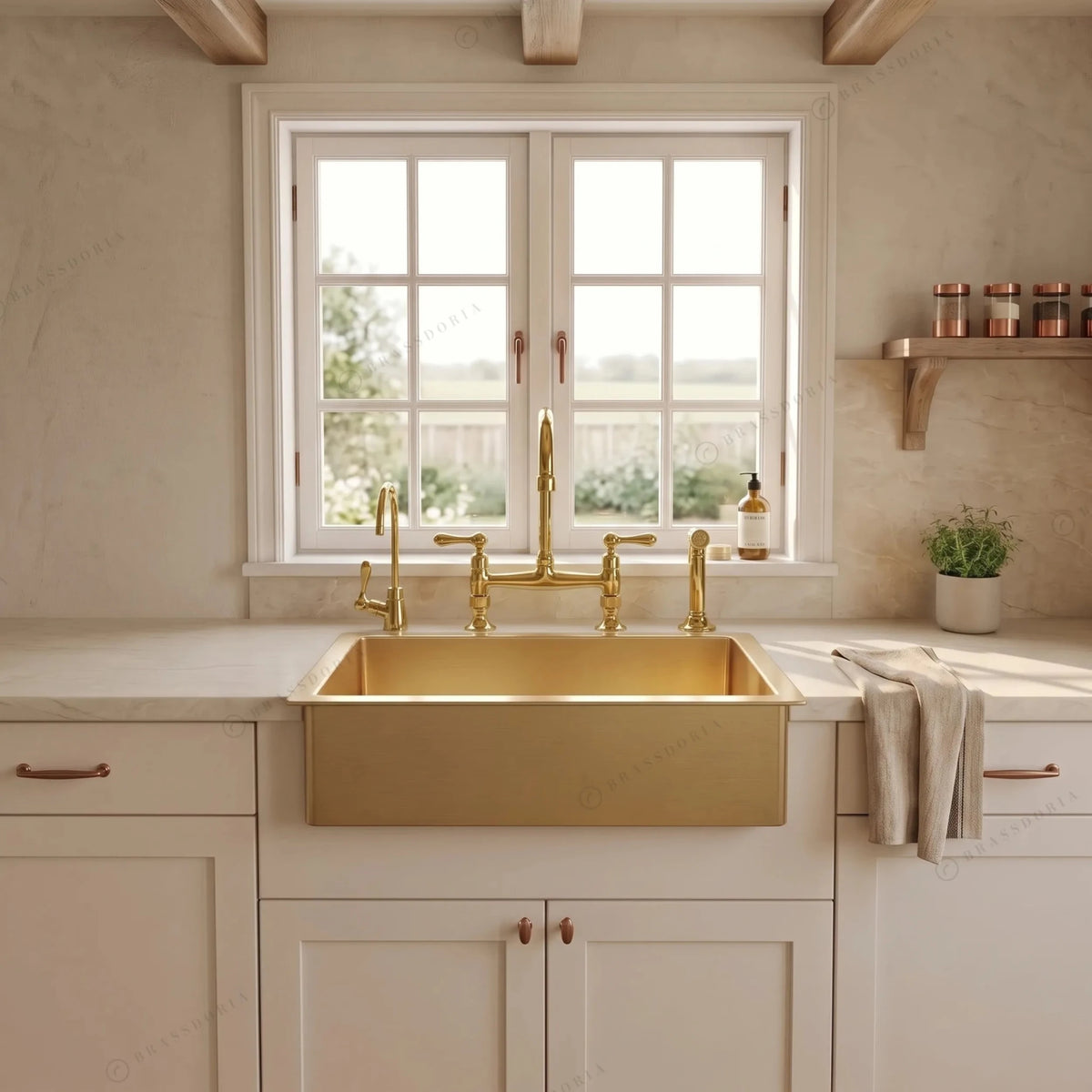 Handmade Unlacquered Brass Farmhouse Sink – Hammered Apron Front Single Bowl Basin - BRASSDORIA