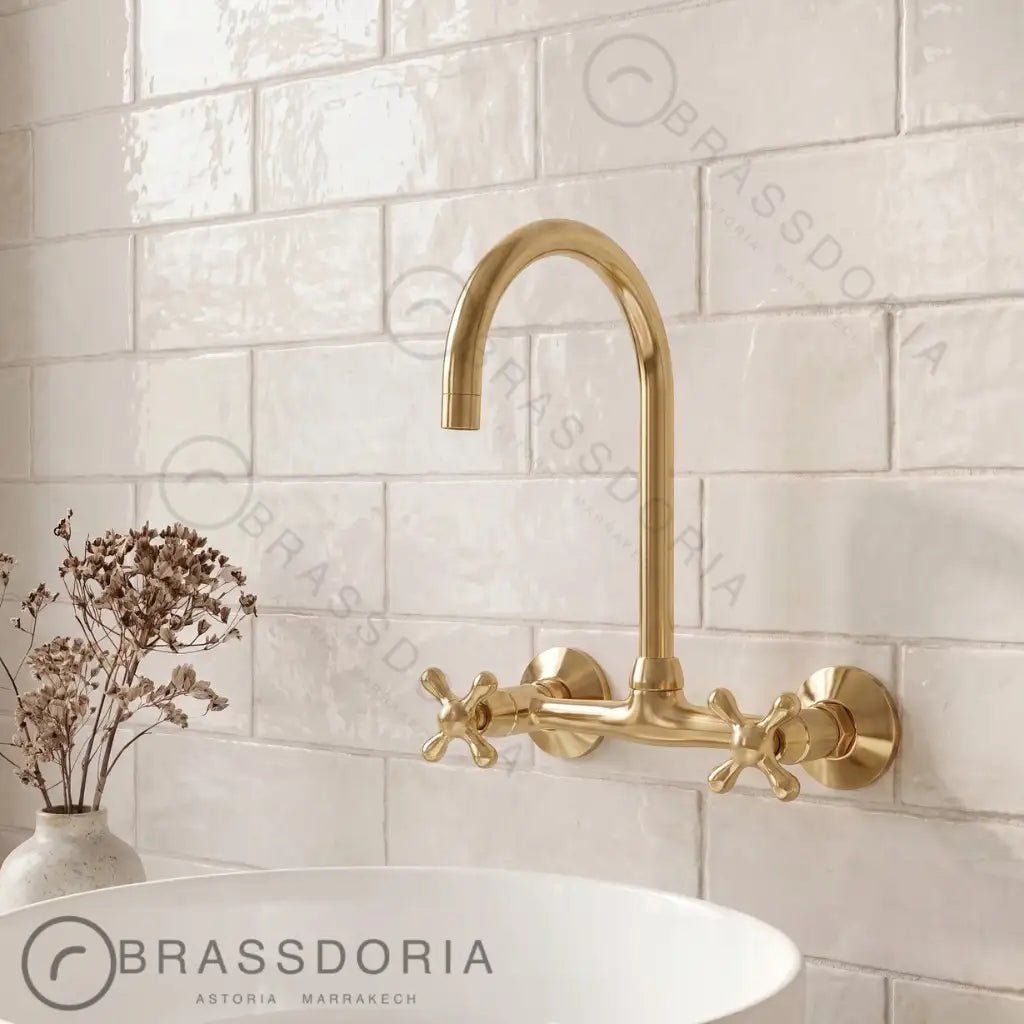 Handmade Unlacquered Brass Wall-Mounted Kitchen & Bathroom Faucet – Cross Handles - BRASSDORIA