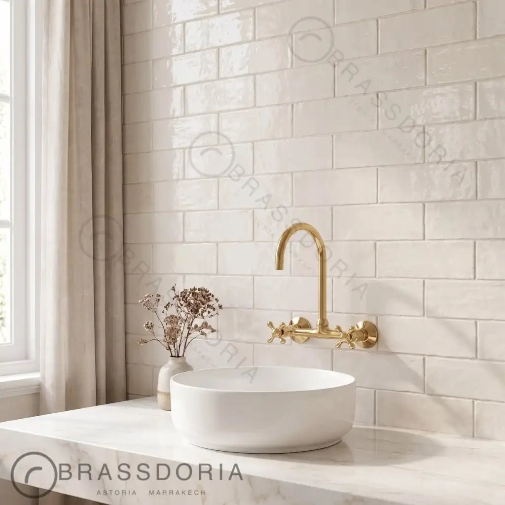 Handmade Unlacquered Brass Wall-Mounted Kitchen & Bathroom Faucet – Cross Handles - BRASSDORIA