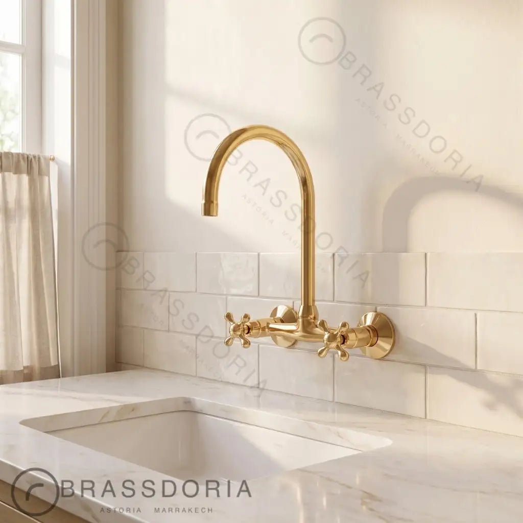 Handmade Unlacquered Brass Wall-Mounted Kitchen & Bathroom Faucet – Cross Handles - BRASSDORIA