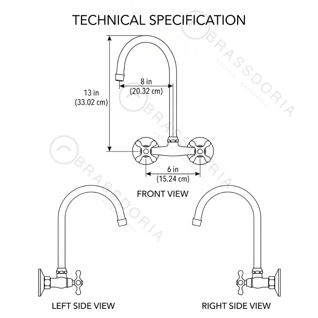 Handmade Unlacquered Brass Wall-Mounted Kitchen & Bathroom Faucet – Cross Handles - BRASSDORIA