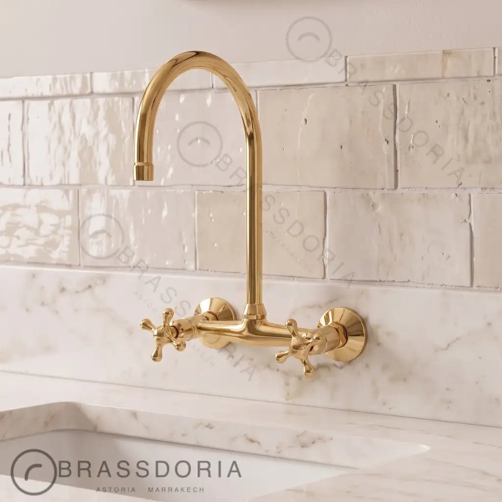 Handmade Unlacquered Brass Wall-Mounted Kitchen & Bathroom Faucet – Cross Handles - BRASSDORIA