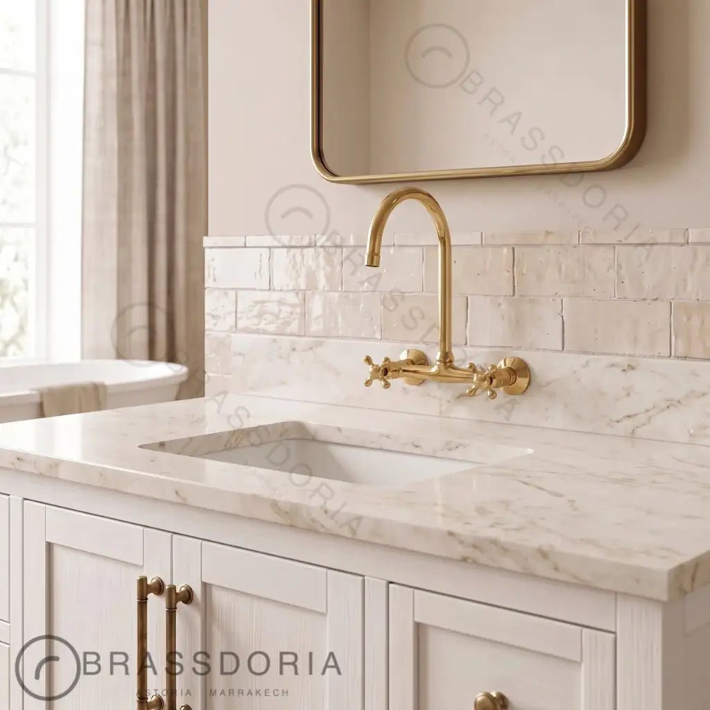 Handmade Unlacquered Brass Wall-Mounted Kitchen & Bathroom Faucet – Cross Handles - BRASSDORIA