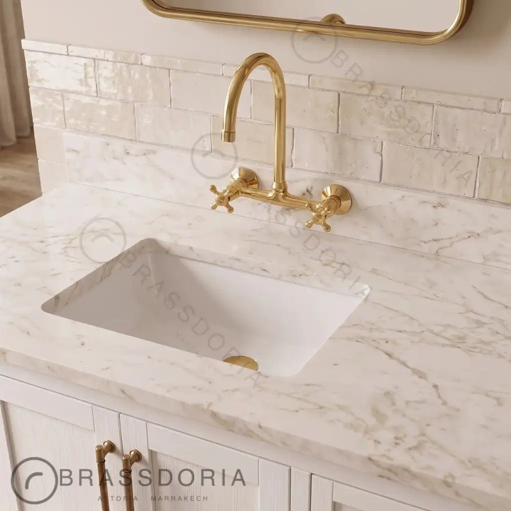 Handmade Unlacquered Brass Wall-Mounted Kitchen & Bathroom Faucet – Cross Handles - BRASSDORIA
