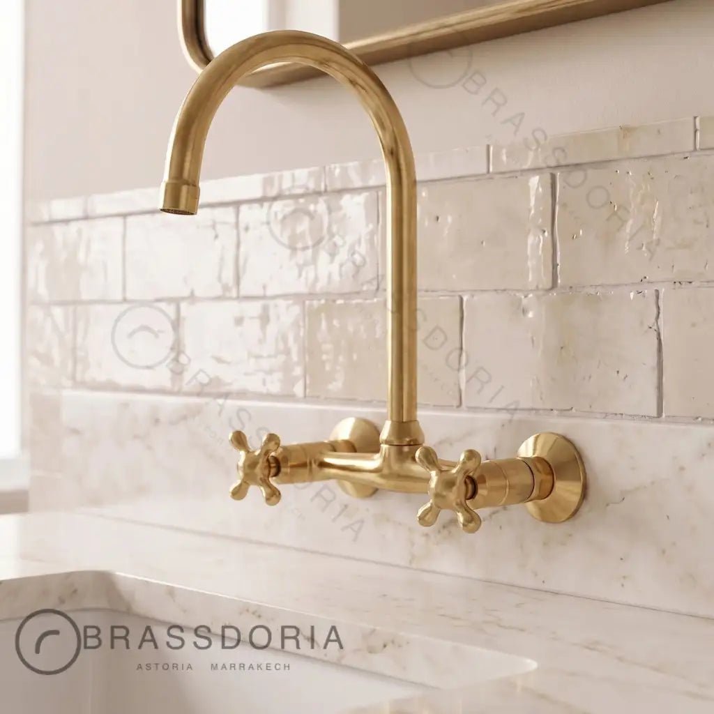 Handmade Unlacquered Brass Wall-Mounted Kitchen & Bathroom Faucet – Cross Handles - BRASSDORIA