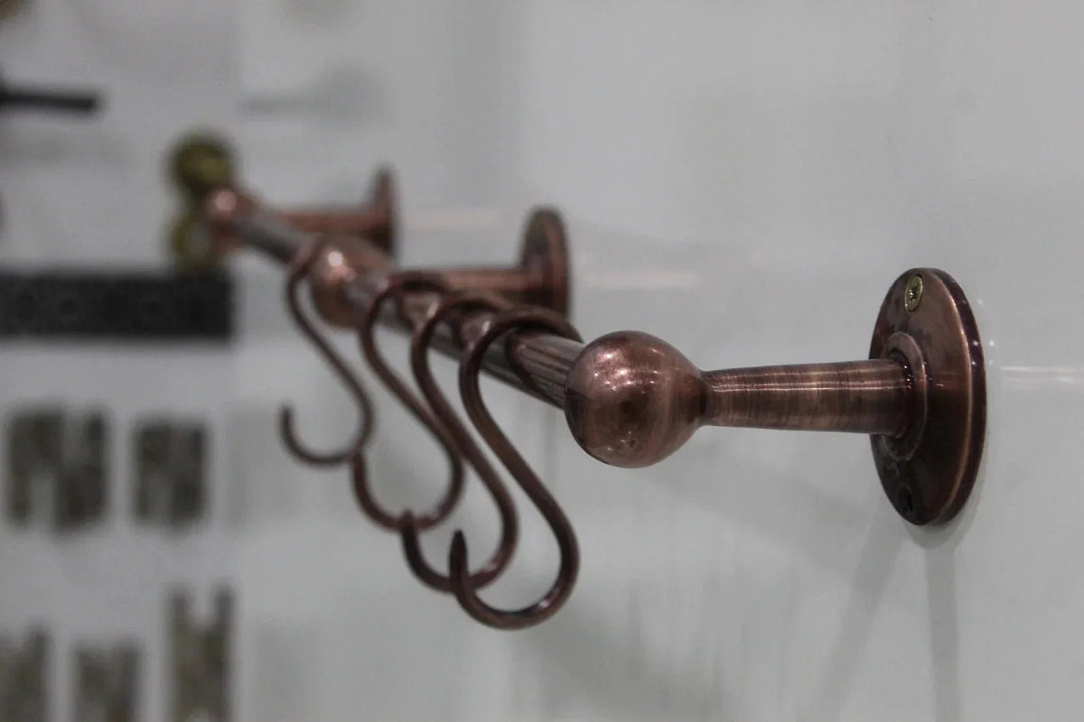 Handmade Vintage Copper Pot Rack, Rustic Wall Mount Kitchen Organizer - BRASSDORIA