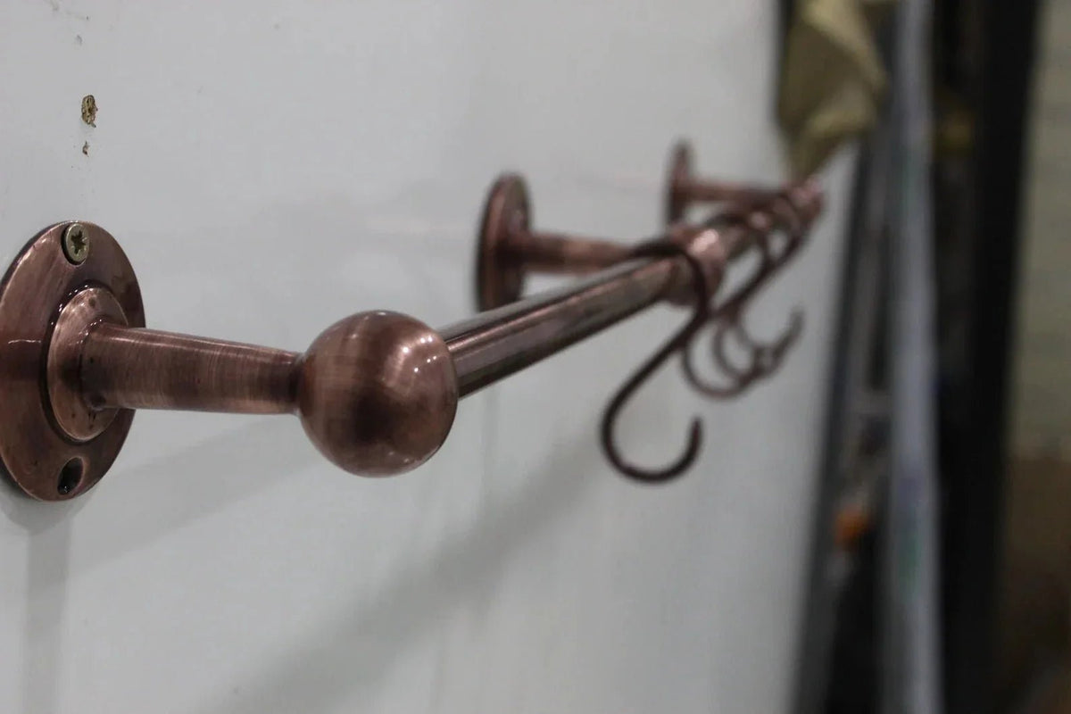 Handmade Vintage Copper Pot Rack, Rustic Wall Mount Kitchen Organizer - BRASSDORIA