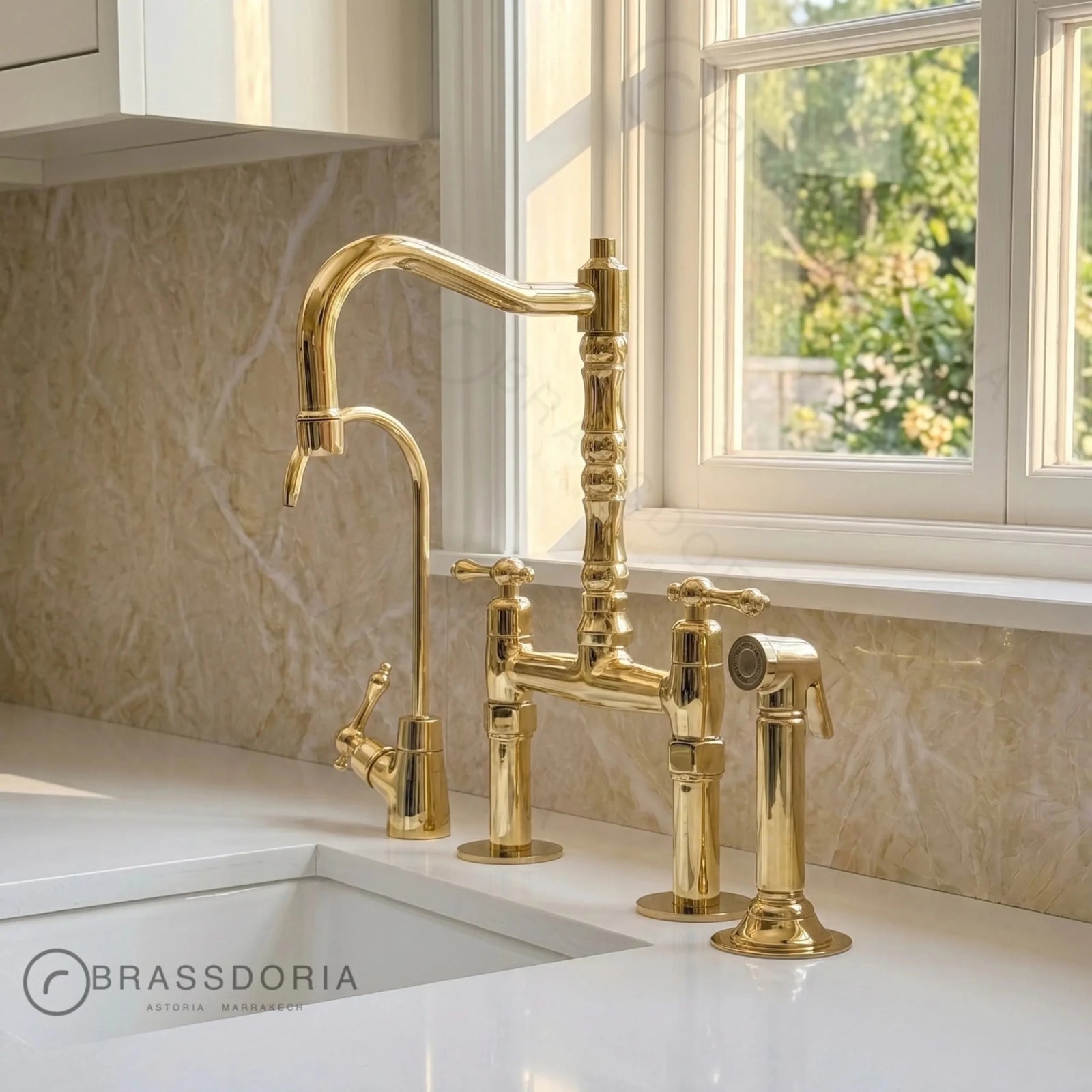 Kamar Line – Unlacquered Brass Bridge Kitchen Faucet - BRASSDORIA