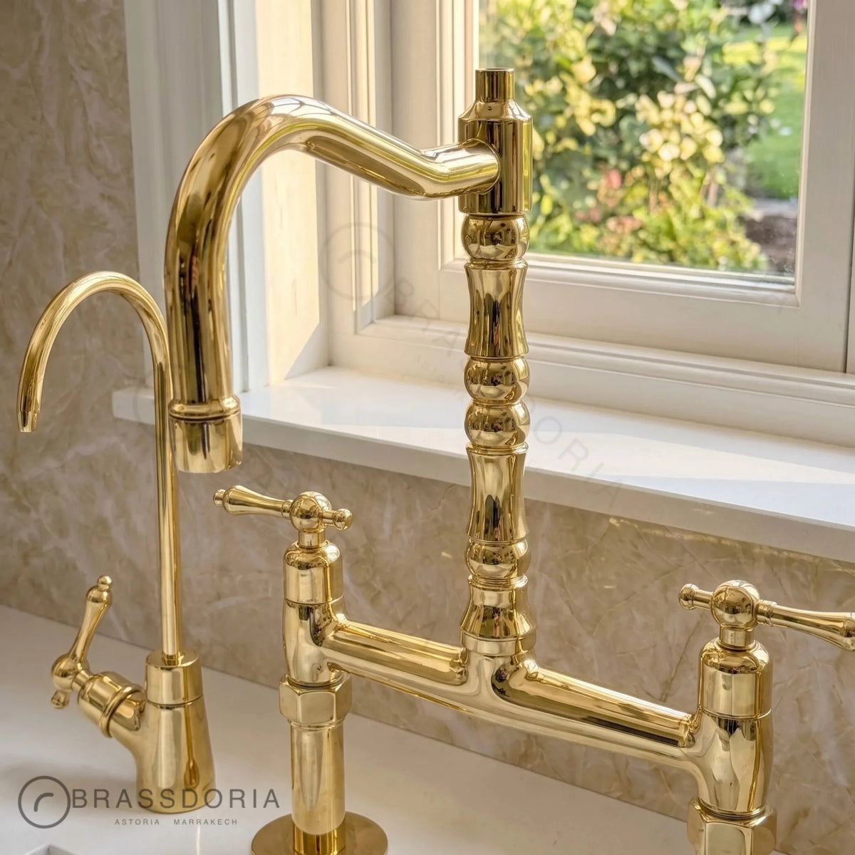 Kamar Line – Unlacquered Brass Bridge Kitchen Faucet - BRASSDORIA