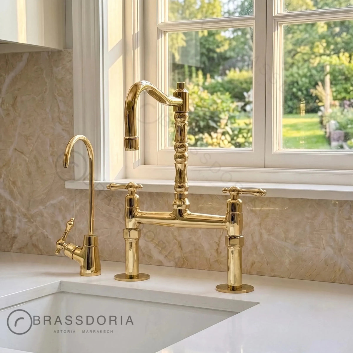 Kamar Line – Unlacquered Brass Bridge Kitchen Faucet - BRASSDORIA