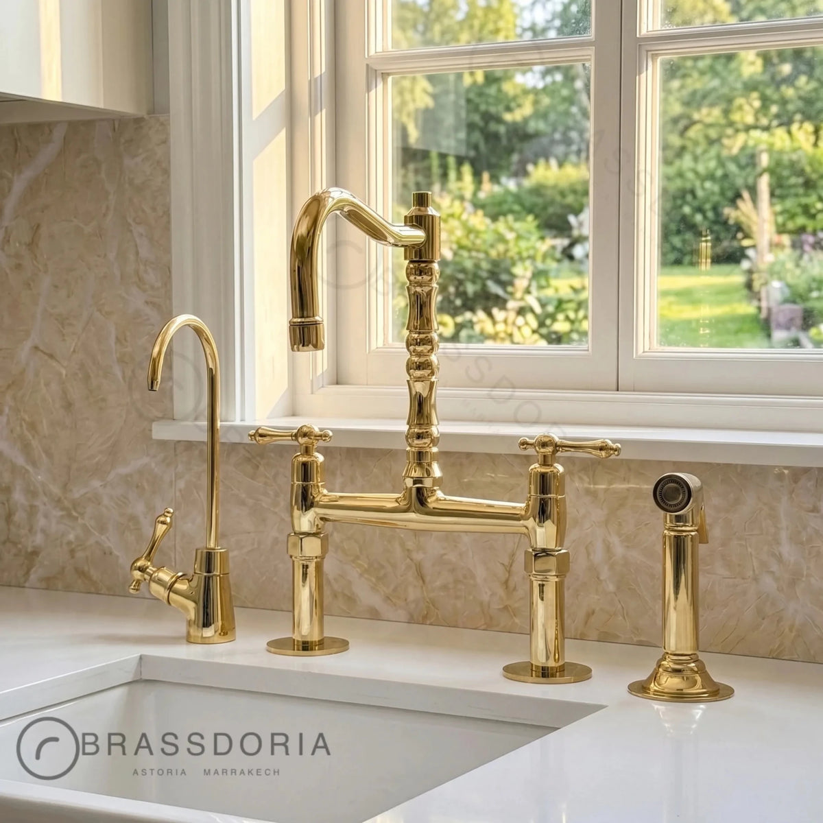 Kamar Line – Unlacquered Brass Bridge Kitchen Faucet - BRASSDORIA
