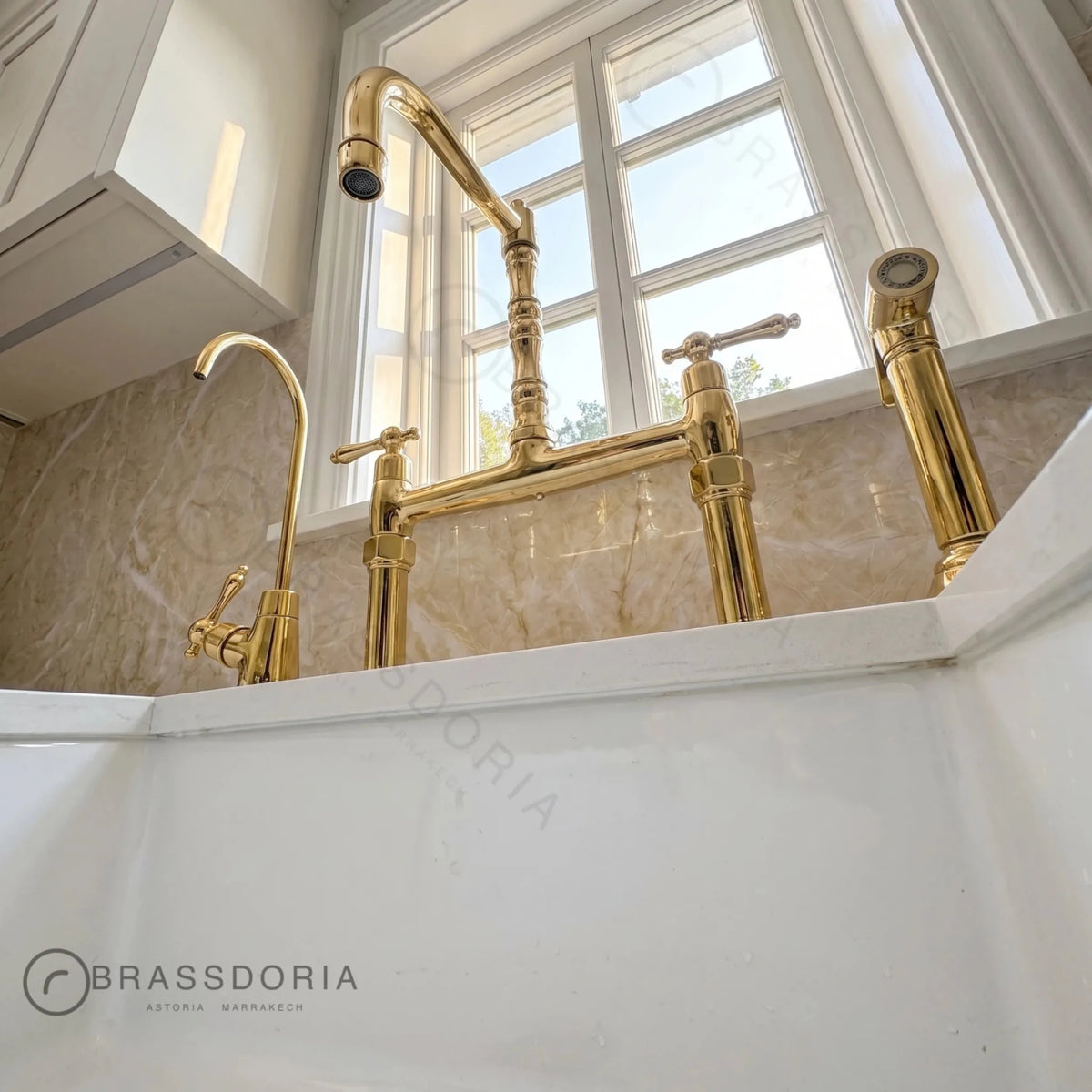Kamar Line – Unlacquered Brass Bridge Kitchen Faucet - BRASSDORIA