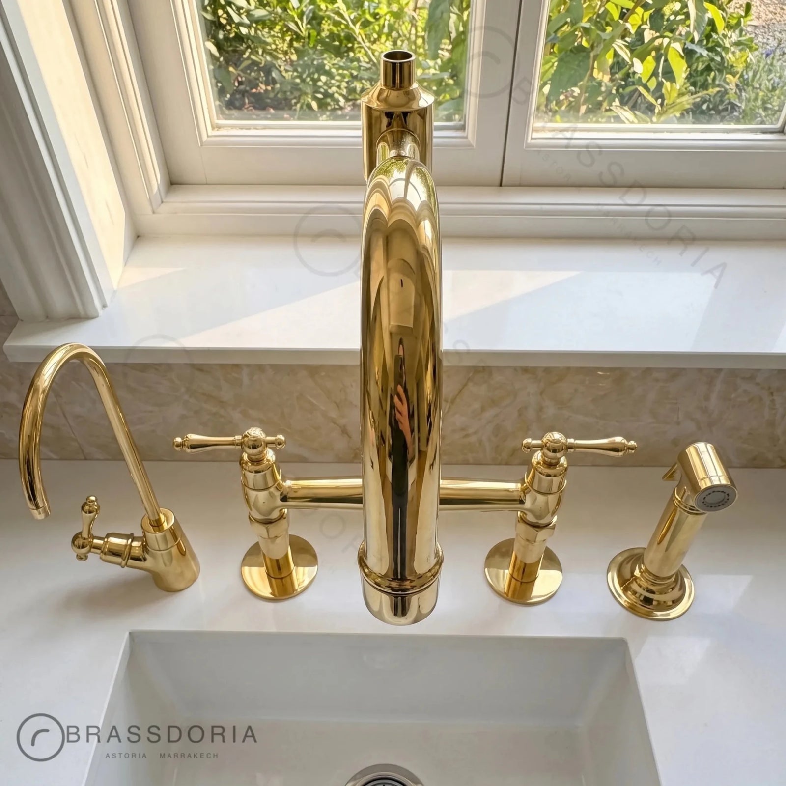 Kamar Line – Unlacquered Brass Bridge Kitchen Faucet - BRASSDORIA