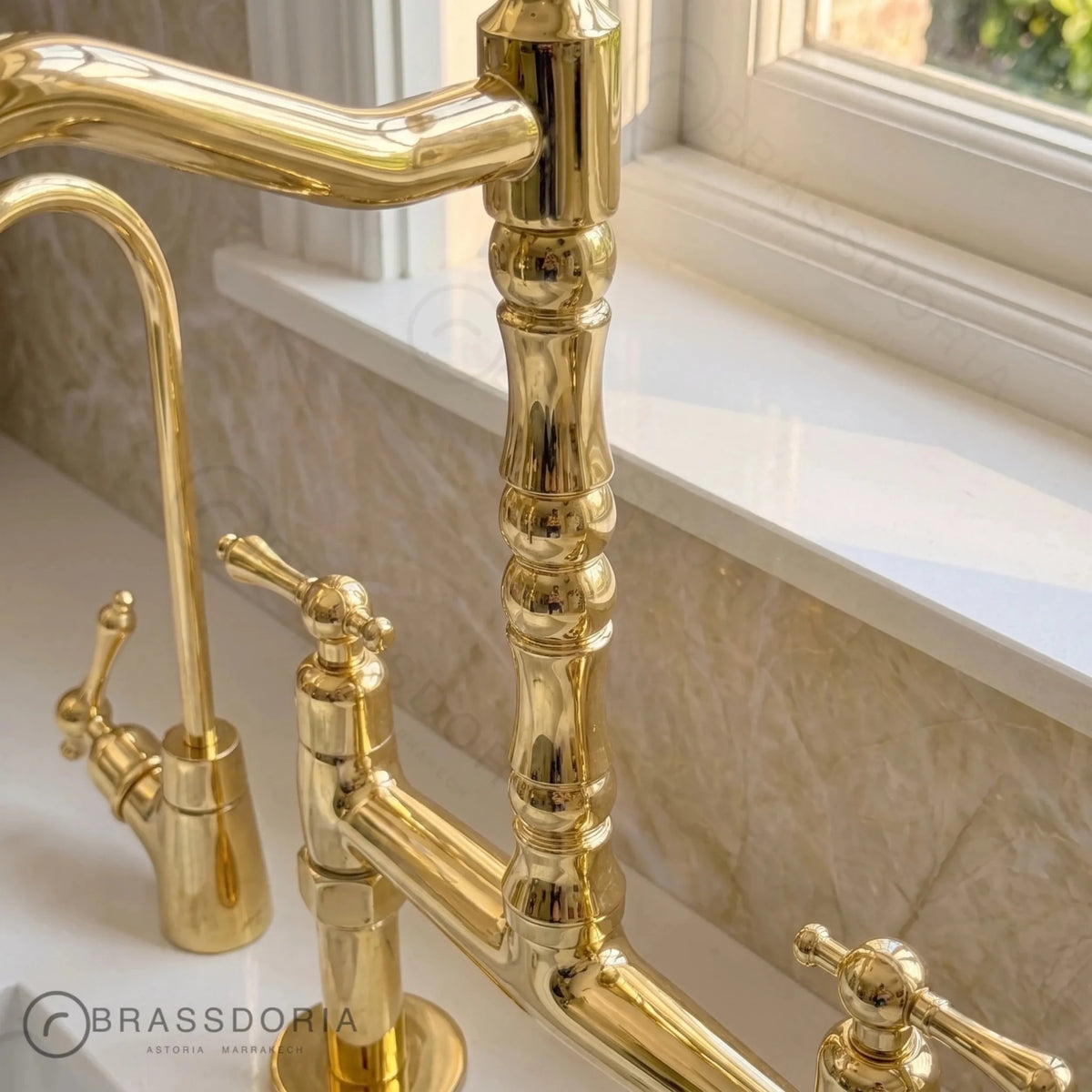 Kamar Line – Unlacquered Brass Bridge Kitchen Faucet - BRASSDORIA