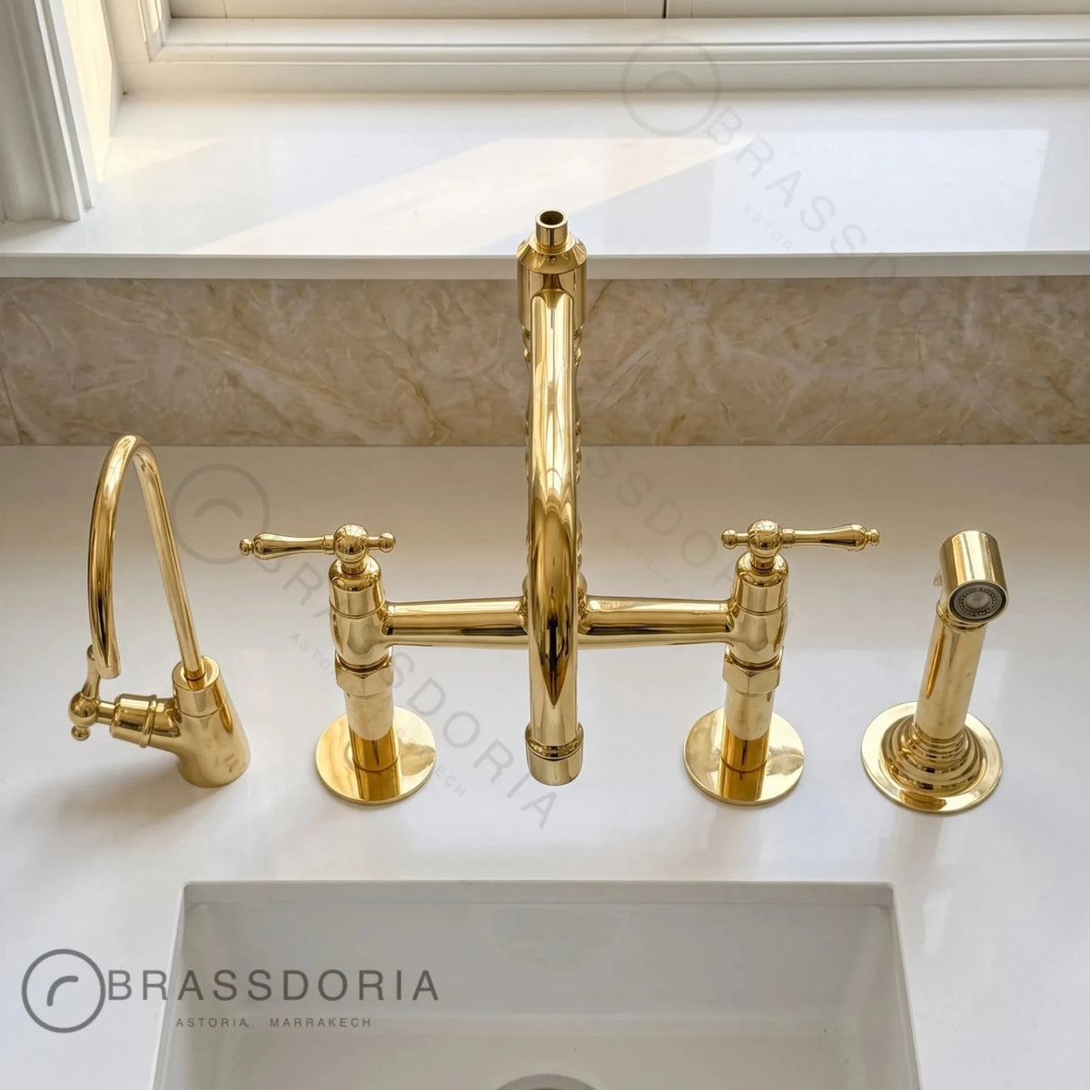 Kamar Line – Unlacquered Brass Bridge Kitchen Faucet - BRASSDORIA