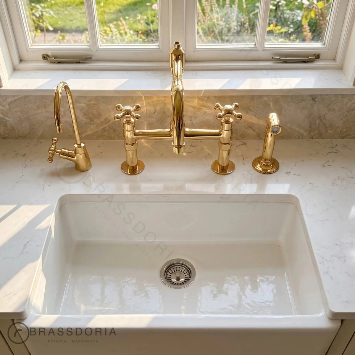 Kamar Line – Unlacquered Brass Bridge Kitchen Faucet with Cross Handles - BRASSDORIA