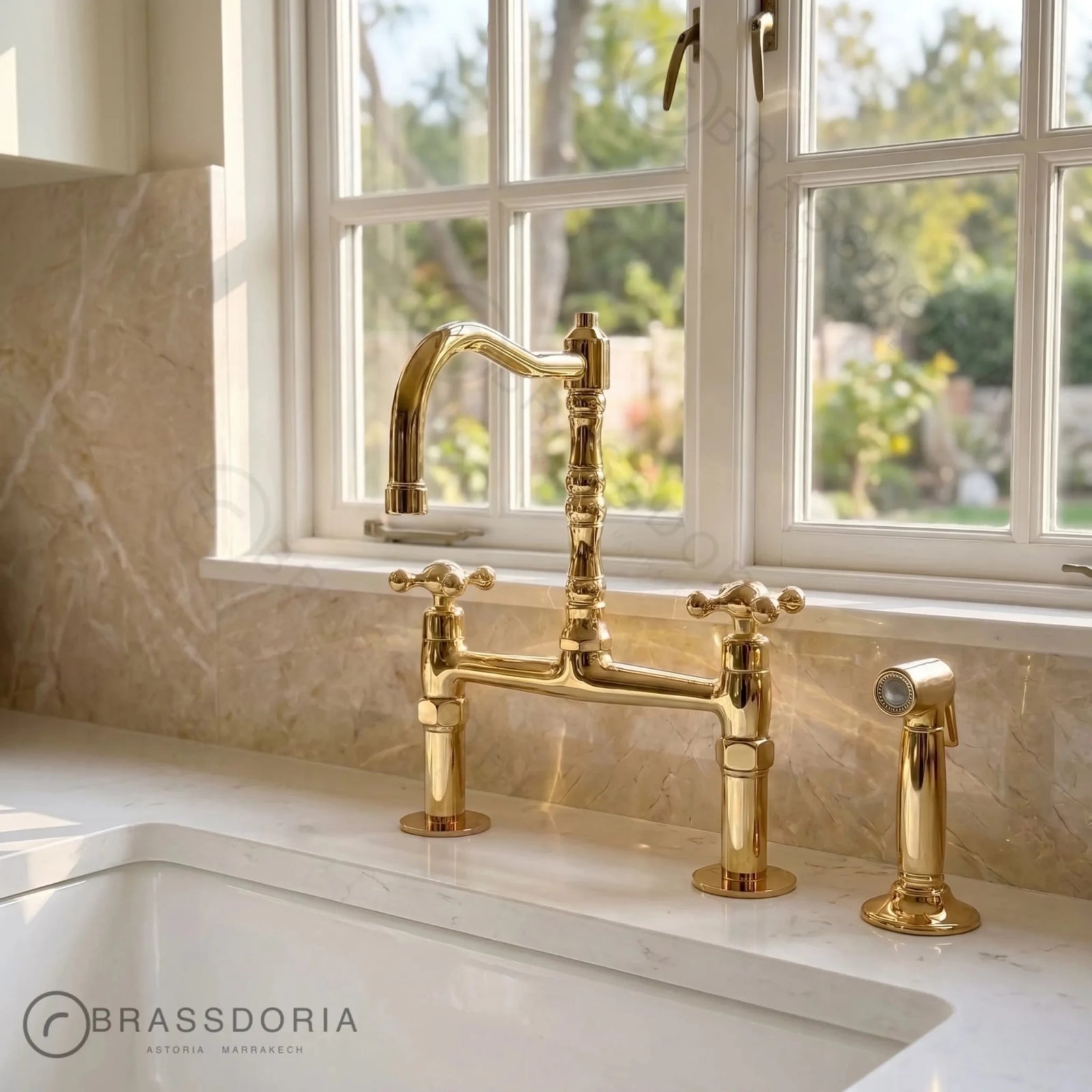 Kamar Line – Unlacquered Brass Bridge Kitchen Faucet with Cross Handles - BRASSDORIA
