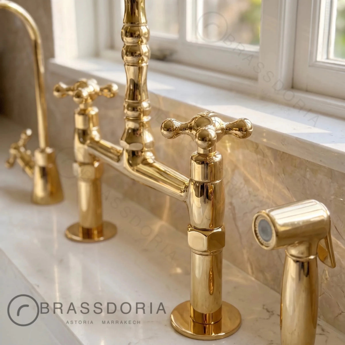 Kamar Line – Unlacquered Brass Bridge Kitchen Faucet with Cross Handles - BRASSDORIA