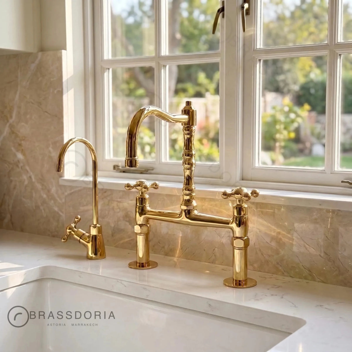 Kamar Line – Unlacquered Brass Bridge Kitchen Faucet with Cross Handles - BRASSDORIA