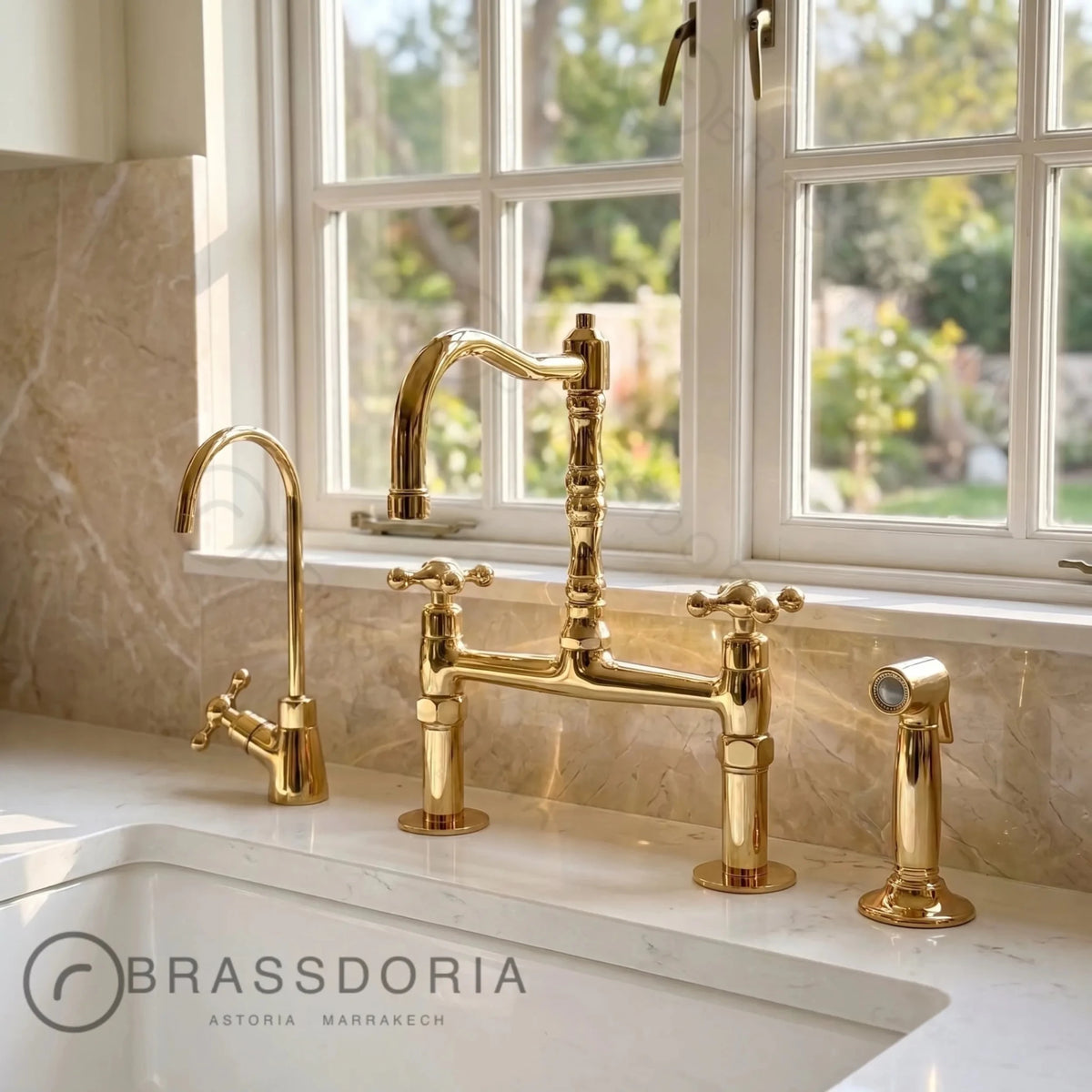 Kamar Line – Unlacquered Brass Bridge Kitchen Faucet with Cross Handles - BRASSDORIA