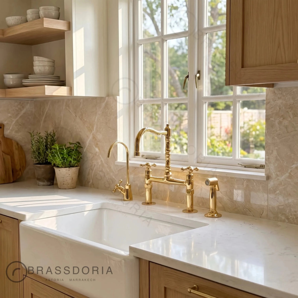 Kamar Line – Unlacquered Brass Bridge Kitchen Faucet with Cross Handles - BRASSDORIA
