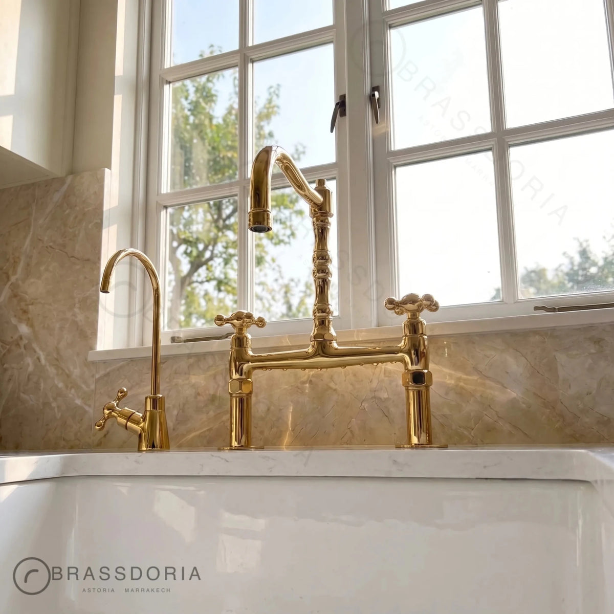 Kamar Line – Unlacquered Brass Bridge Kitchen Faucet with Cross Handles - BRASSDORIA
