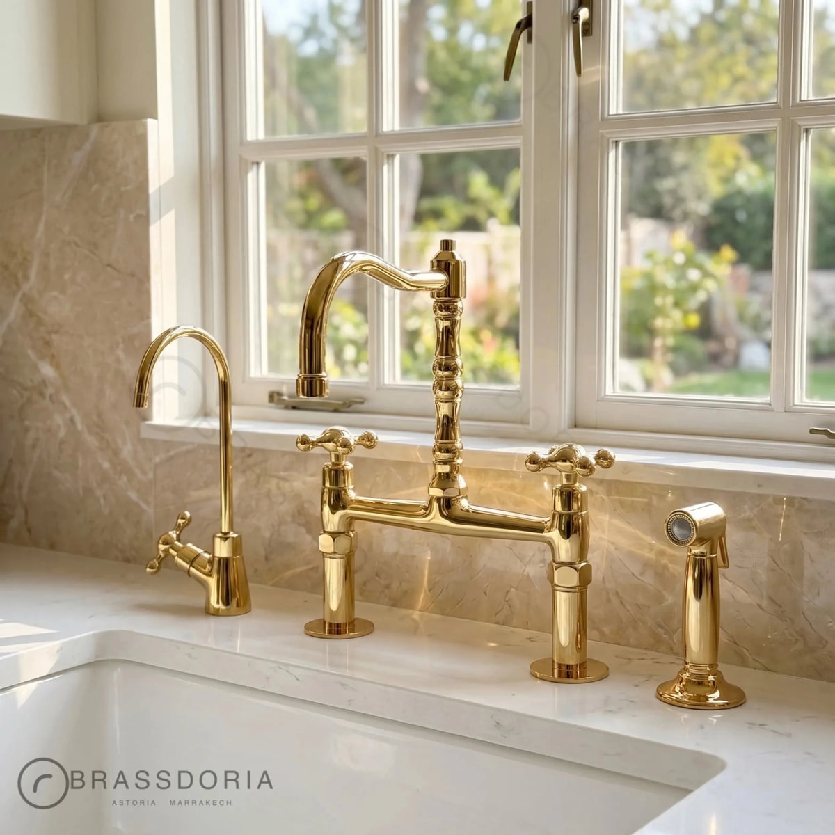 Kamar Line – Unlacquered Brass Bridge Kitchen Faucet with Cross Handles - BRASSDORIA