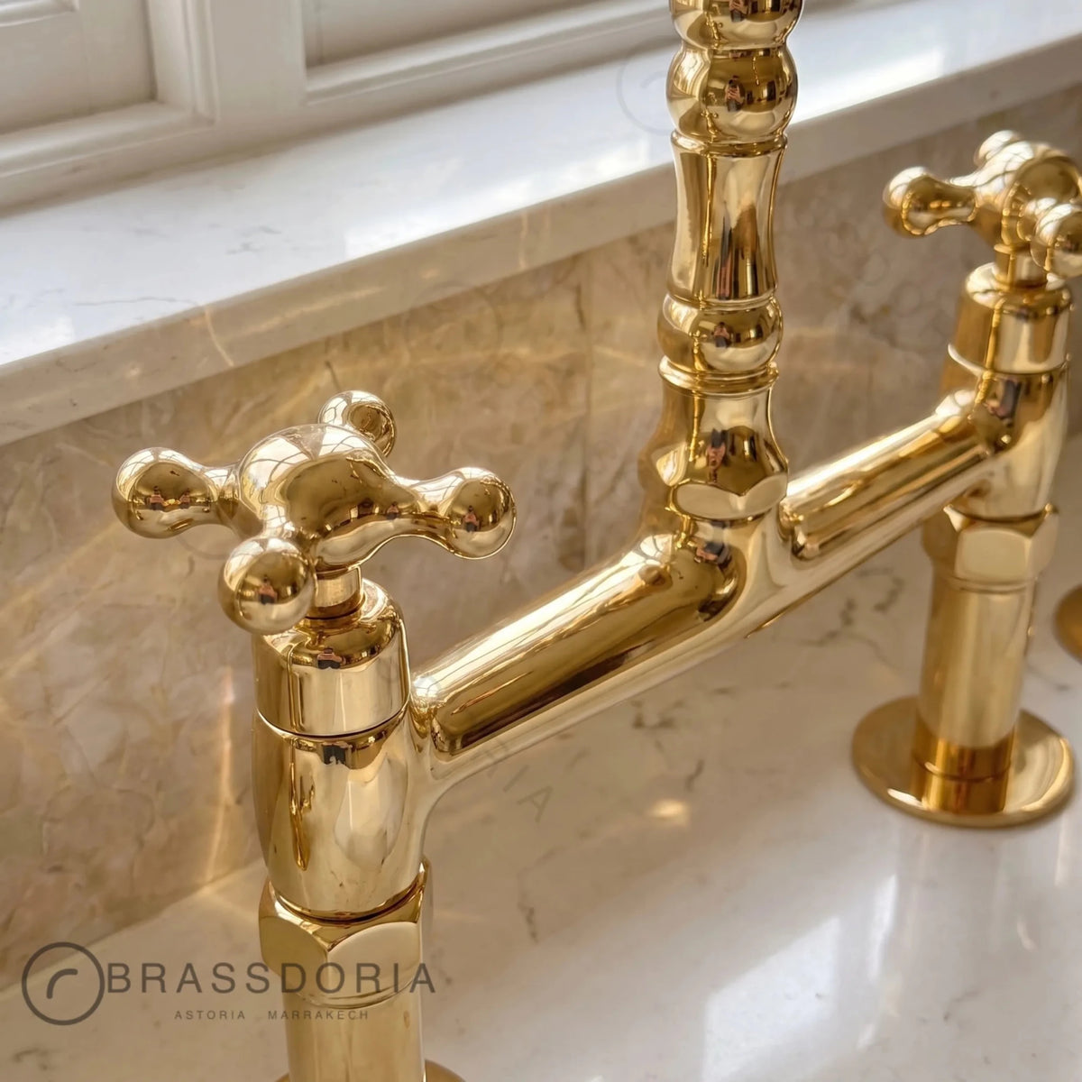 Kamar Line – Unlacquered Brass Bridge Kitchen Faucet with Cross Handles - BRASSDORIA