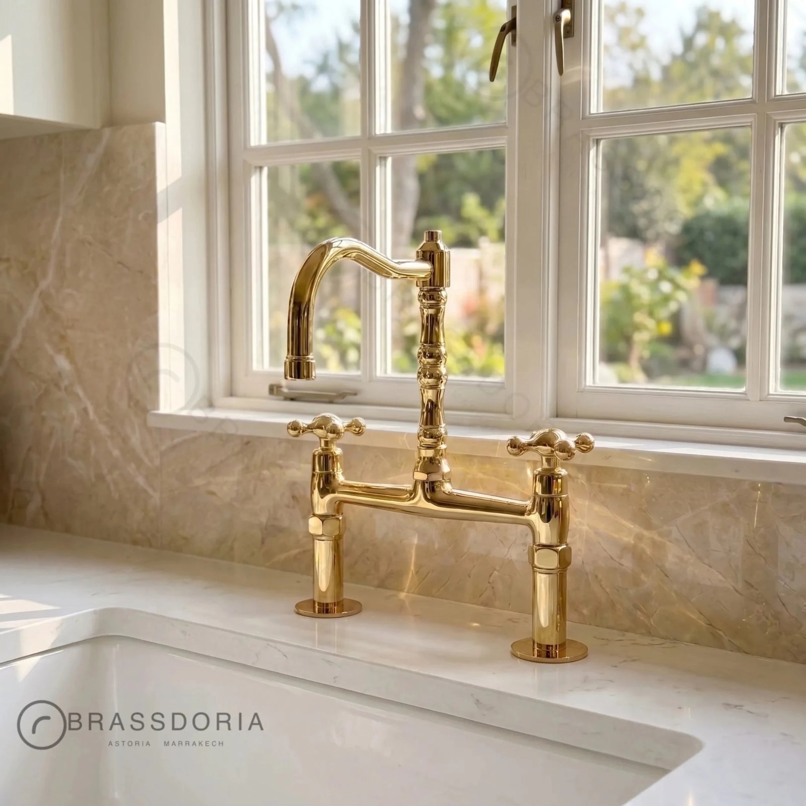 Kamar Line – Unlacquered Brass Bridge Kitchen Faucet with Cross Handles - BRASSDORIA