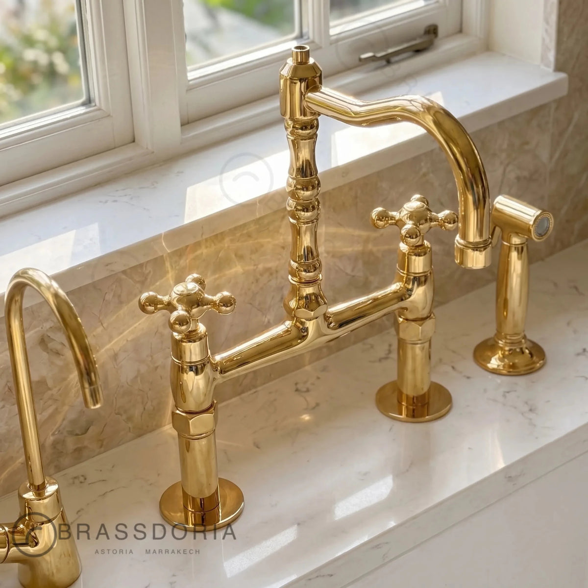 Kamar Line – Unlacquered Brass Bridge Kitchen Faucet with Cross Handles - BRASSDORIA