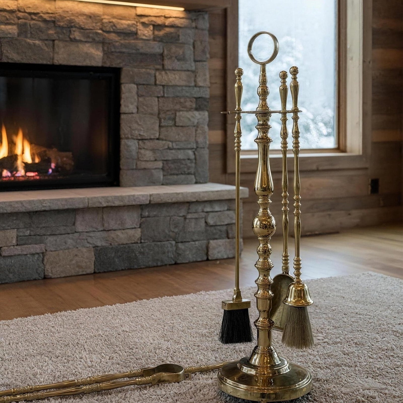 large Handmade Antique Brass Fireplace Tool Set – Vintage Polished Brass Fire Tools, Heavy-Duty Hearth Set for Wood Stove & Fireplace Decor - BRASSDORIA