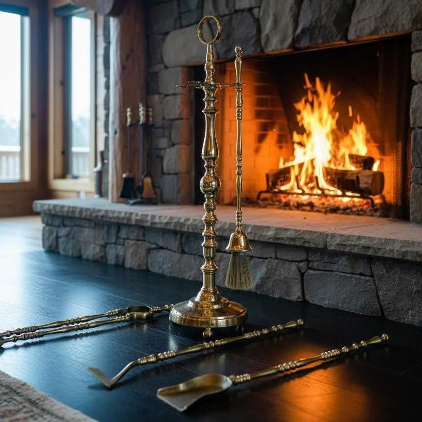 large Handmade Antique Brass Fireplace Tool Set – Vintage Polished Brass Fire Tools, Heavy-Duty Hearth Set for Wood Stove & Fireplace Decor - BRASSDORIA
