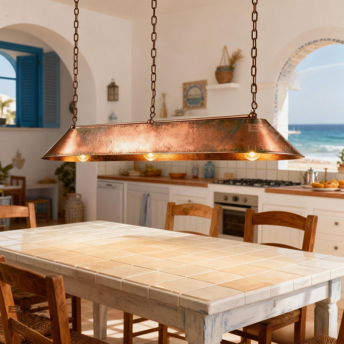 Linear Pendant Light Patinated Copper | Rustic Modern Bar Lighting | Handmade Ceiling Fixture for Kitchen & Dining - BRASSDORIA