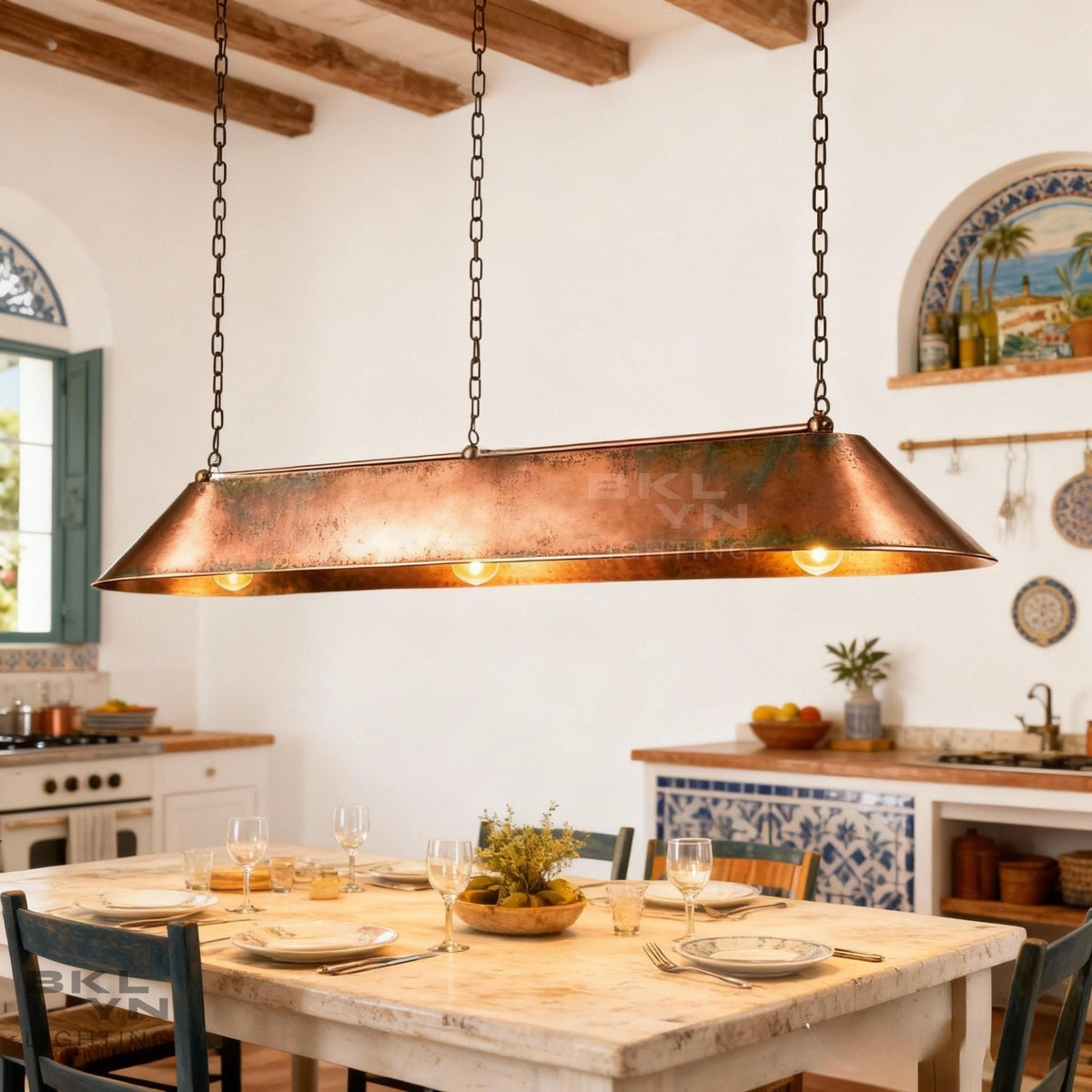 Linear Pendant Light Patinated Copper | Rustic Modern Bar Lighting | Handmade Ceiling Fixture for Kitchen & Dining - BRASSDORIA