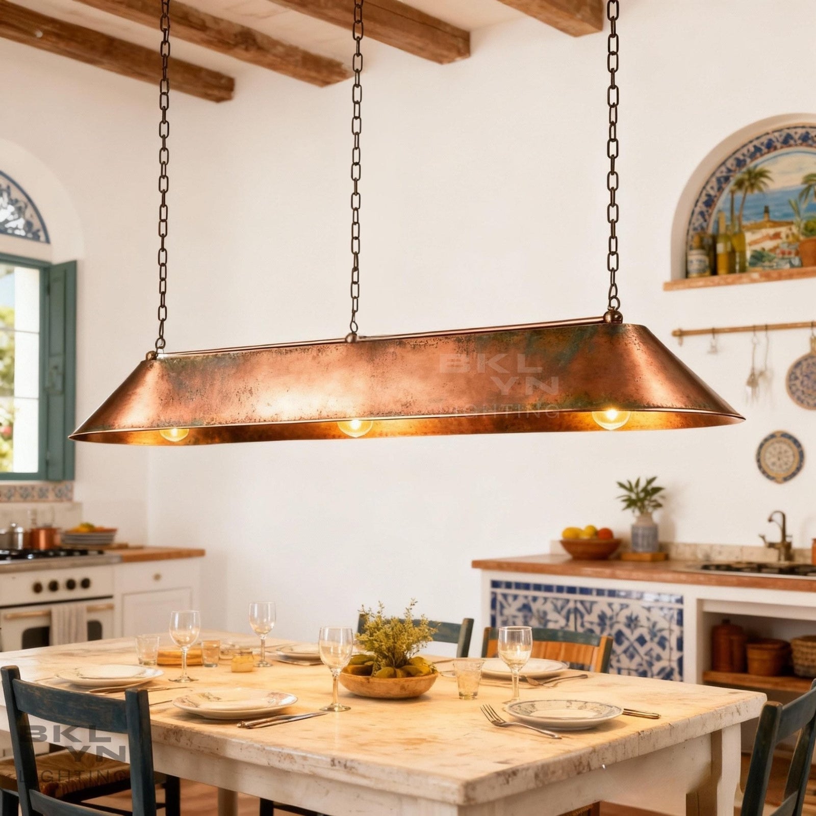 Linear Pendant Light Patinated Copper | Rustic Modern Bar Lighting | Handmade Ceiling Fixture for Kitchen & Dining - BRASSDORIA