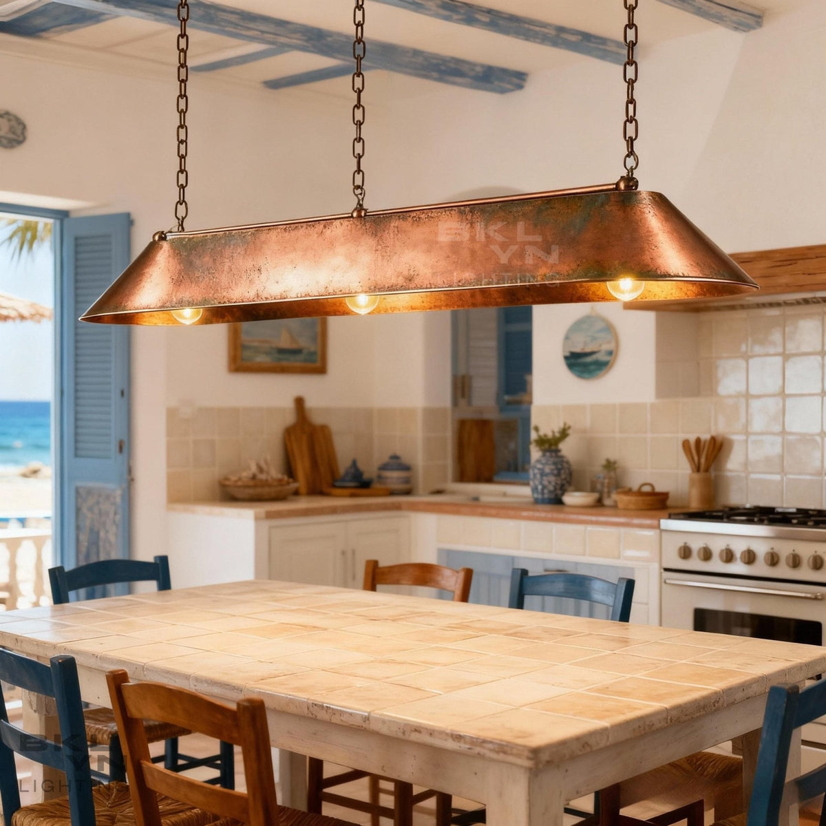 Linear Pendant Light Patinated Copper | Rustic Modern Bar Lighting | Handmade Ceiling Fixture for Kitchen & Dining - BRASSDORIA