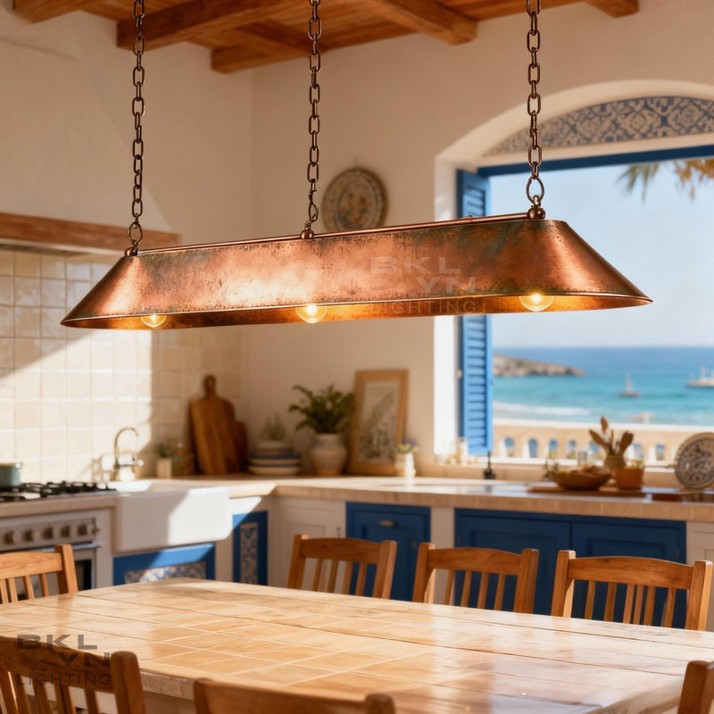 Linear Pendant Light Patinated Copper | Rustic Modern Bar Lighting | Handmade Ceiling Fixture for Kitchen & Dining - BRASSDORIA